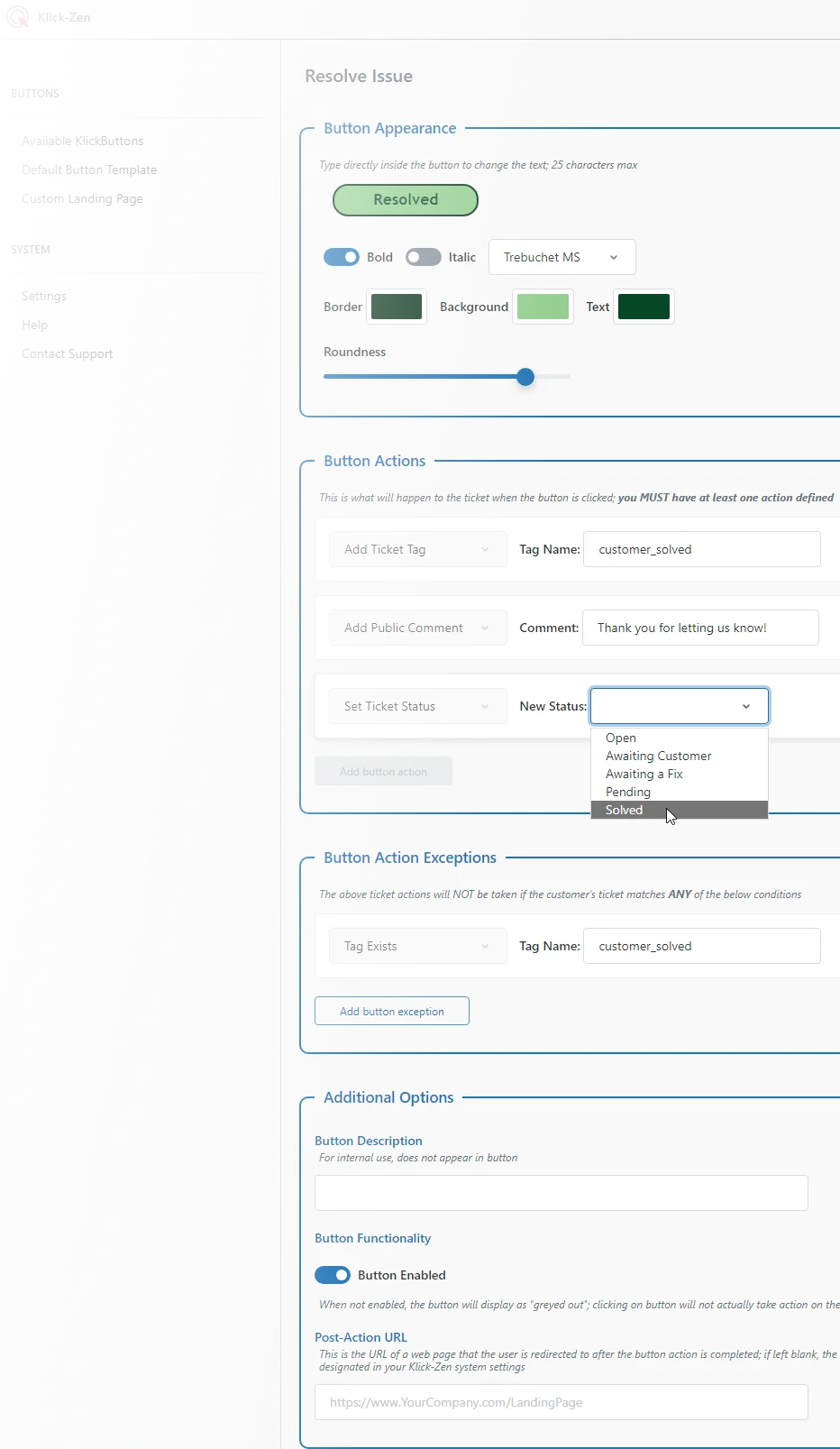Screenshot of the Klick-Zen button builder inside Zendesk