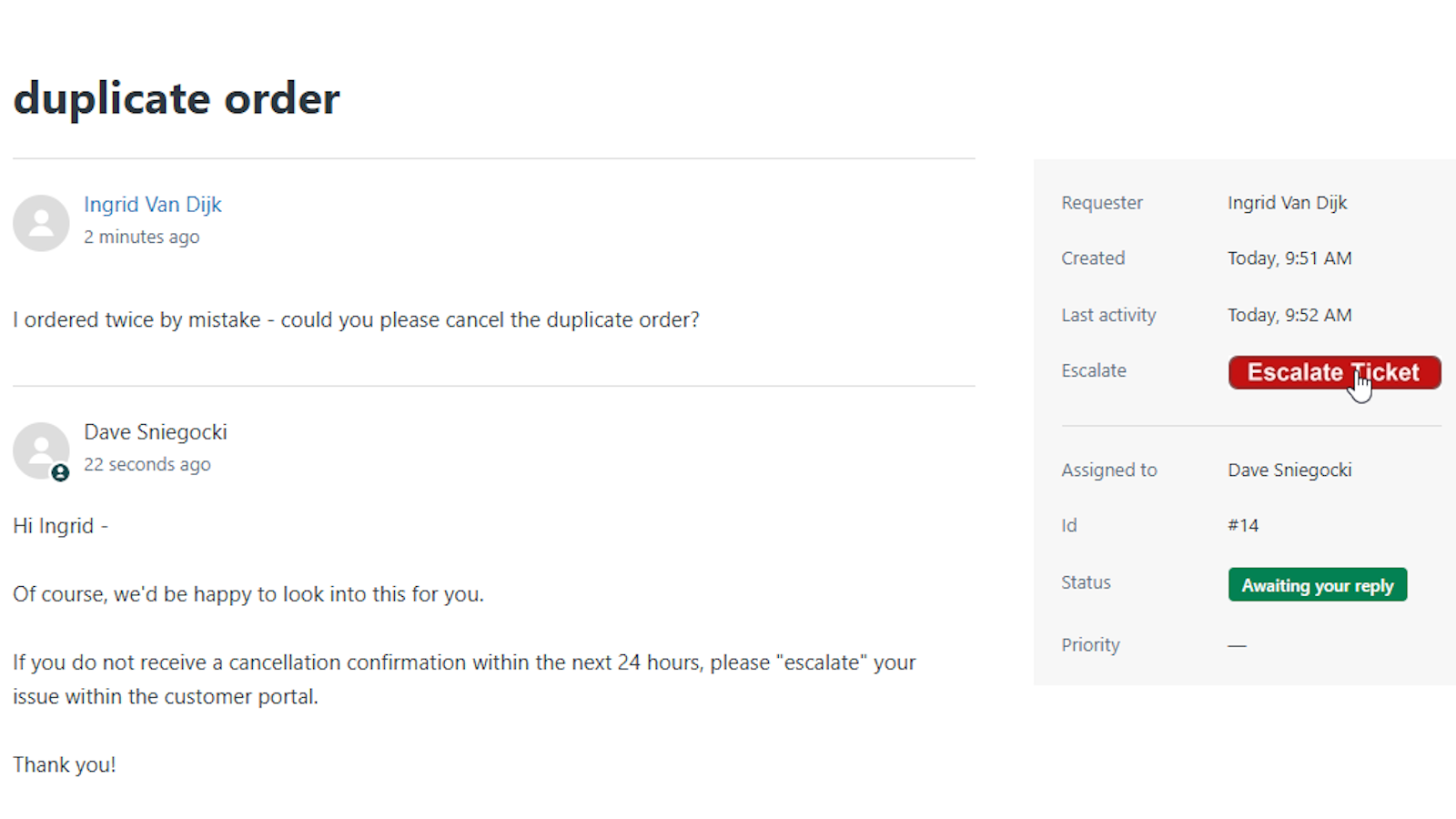 A Zendesk Help Center ticket with a Klick-Zen 'Escalate Ticket' button in the sidebar